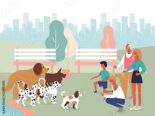 Happy Cartoon People Pets Owners Characters Playing with Dogs in City Park. Female and Male Competition Participator Standing Opposite Pets and Hollo in Puppies. Vector flat Illustration