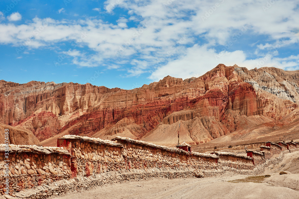 Beautiful landscape in the mountains with peaks in the Himalayan mountains.