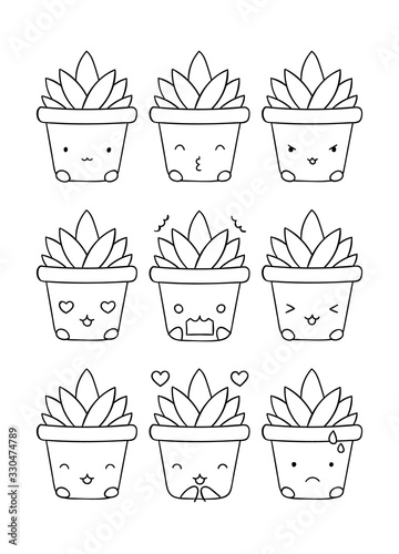 Coloring pages, black and white cute hand drawn emotion aloe in pot doodles, isolated
