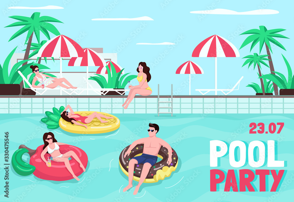 Pool party poster flat vector template. Man on inflatable ring. Woman ...