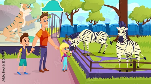 Father with Little Kids Visiting Animal Park, Children Feeding Zebra with Ice Cream in Zoo, Happy Family Excursion, Summer Time Vacation Activity, Leisure, Outdoors. Cartoon Flat Vector Illustration