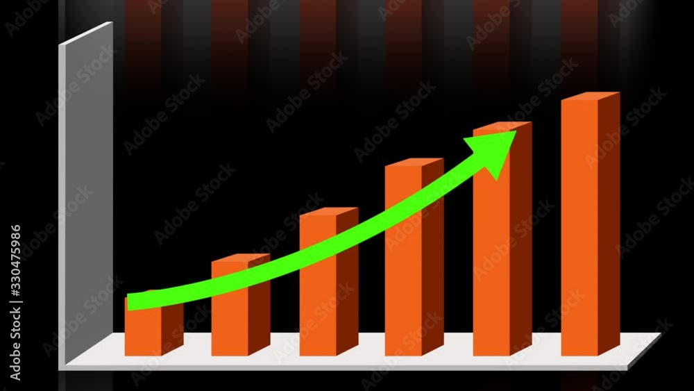 4k 3D animation of 2D vector bar graph chart with rising up arrow ...