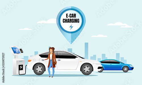 E car charging station flat color vector illustration. Electric car driver 2D cartoon character with cityscape on background. innovative environmentally safe technology. Eco friendly transport