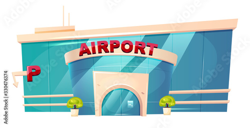 Airport exterior cartoon vector illustration. Airfield terminal entrance flat color object. Place for flight departure. Transportation station. Glass urban building isolated on white background