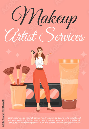 Makeup artist service poster flat vector template. Woman with beauty salon cosmetics. Brochure, booklet one page concept design with cartoon characters. Make up courses flyer, leaflet