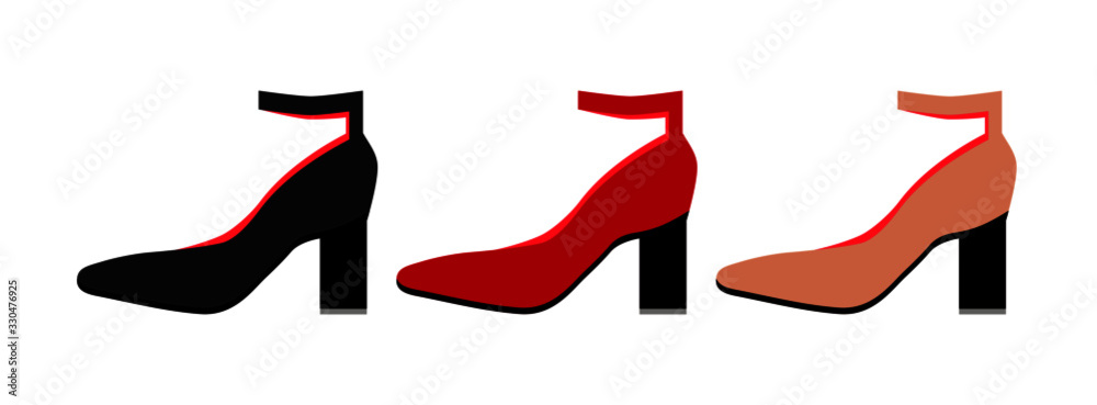 Demi-season women's shoes. Fashionable high heel shoes. Women's boats in classic colors: black, beige and red. Vector graphics.