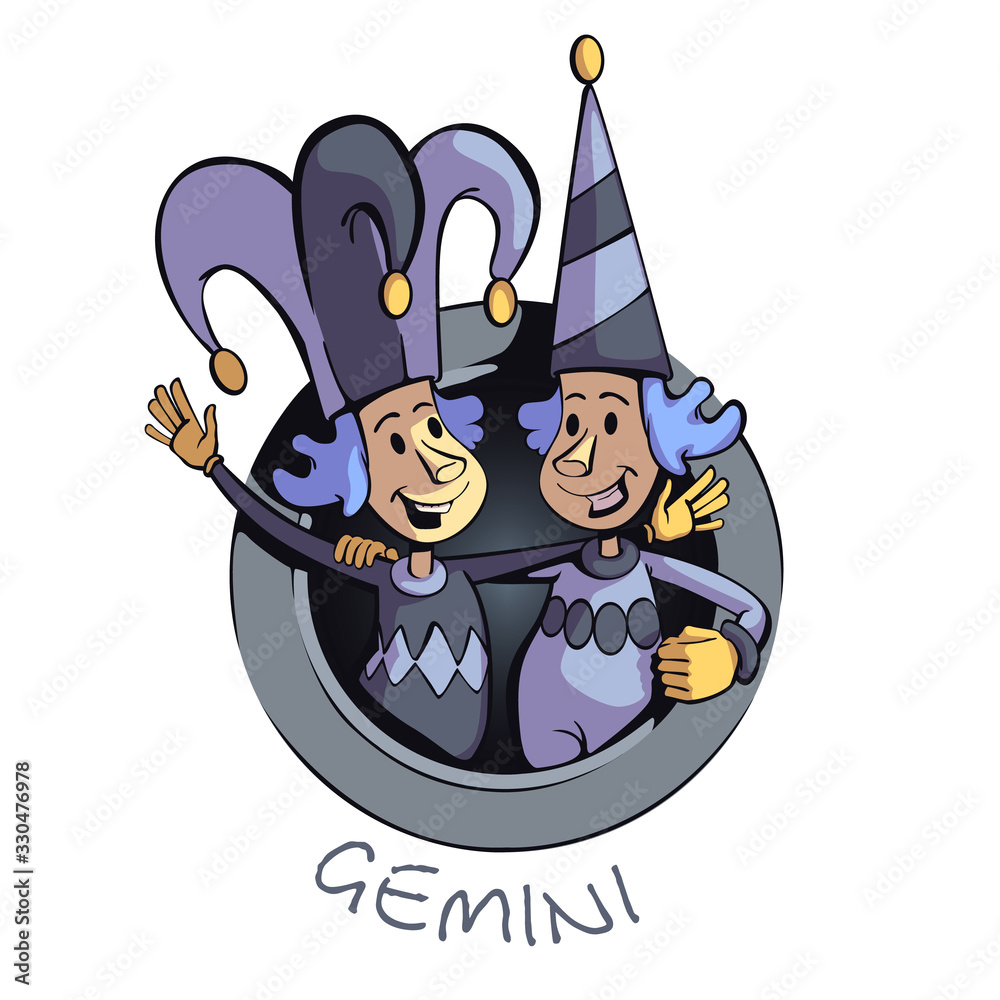 Obraz premium Gemini zodiac sign people flat cartoon vector illustration. Twins in jester hat, astrological symbol personality. Ready to use 2d character for commercial, printing design. Isolated concept icon