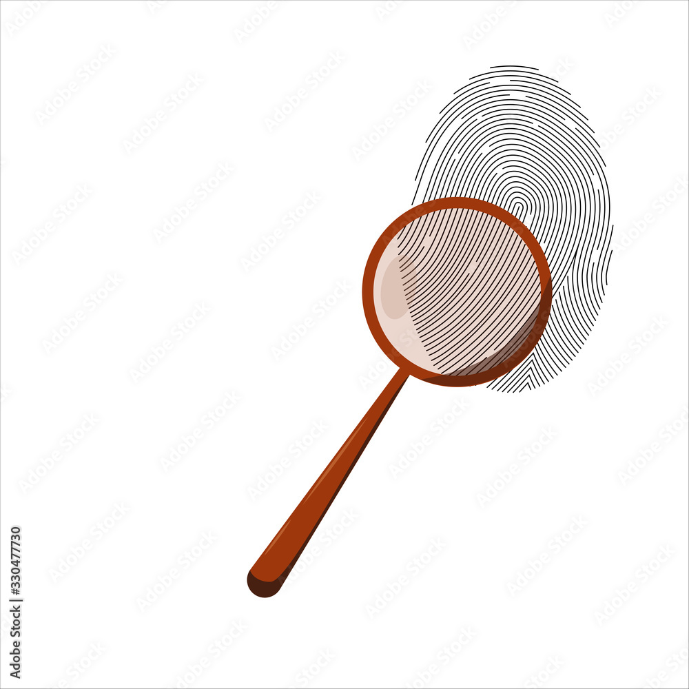 Black fingerprint shape on white background with magnifier scanning. Banner or news image with copyspace. Concept of secure identification or Crime investigation. Vector illustration Black fingerprint shape on white background with magnifier scanning. Banner or news image with copyspace. Concept of secure identification or Crime investigation. Vector illustration