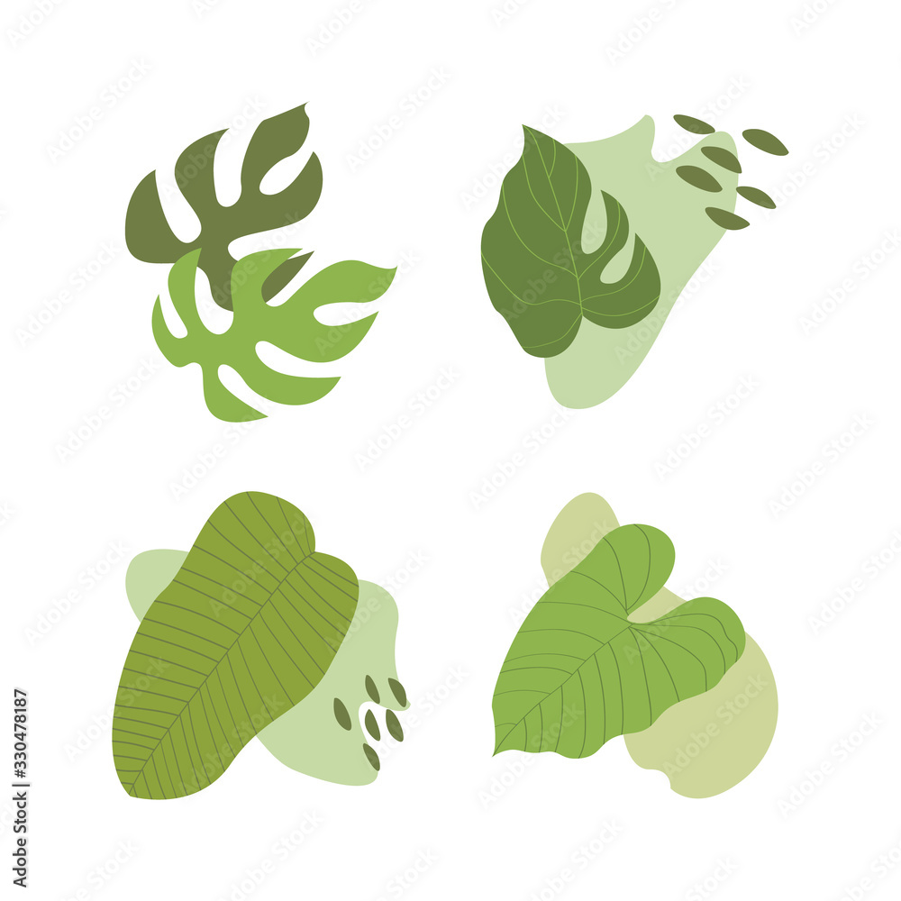 Vector set of abstract green tropical leaves and shapes. Cartoon exotic leaves. Perfect for textile, wrapping paper, stickers Vector set of abstract green tropical leaves and shapes. Cartoon exotic leaves. Perfect for textile, wrapping paper, stickers