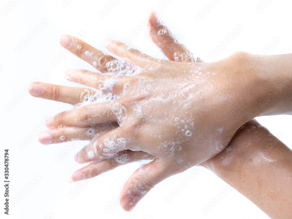 Fototapeta premium Man hands washing by soap with water for prevention corona virus, bacteria and germ, health care concept.