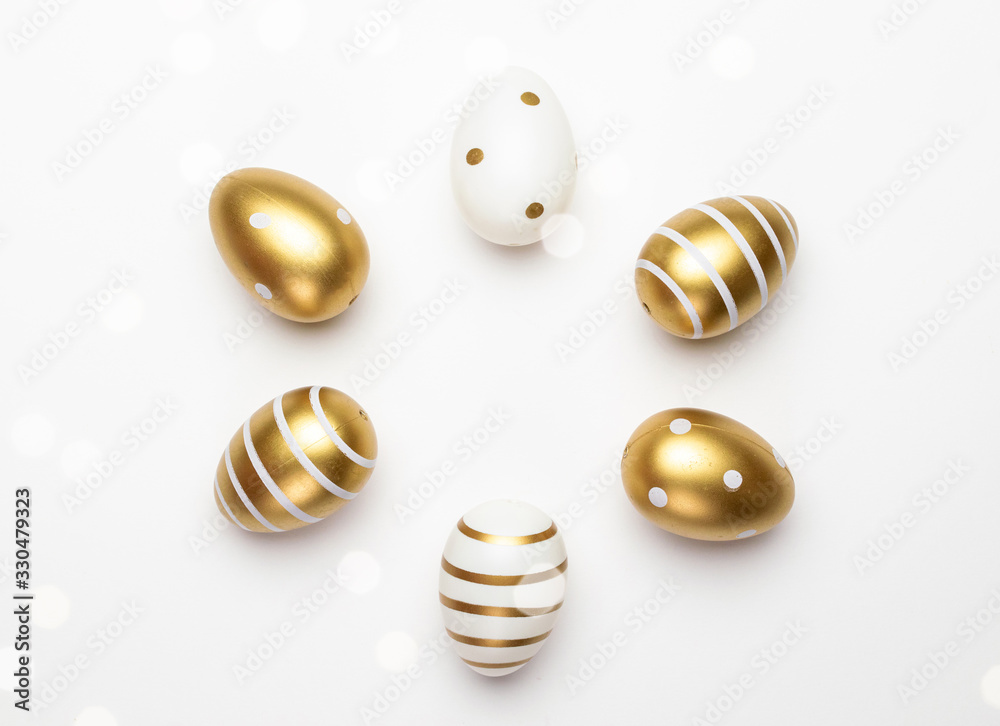 Happy Easter eggs white background. Golden shine decorated eggs in basket, for greeting card, promotion, poster. Happy Easter eggs white background. Golden shine decorated eggs in basket, for greeting card, promotion, poster.
