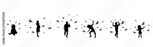 Set of vector silhouette of people who runs away mosquito on white background. Symbol of annoying insect.