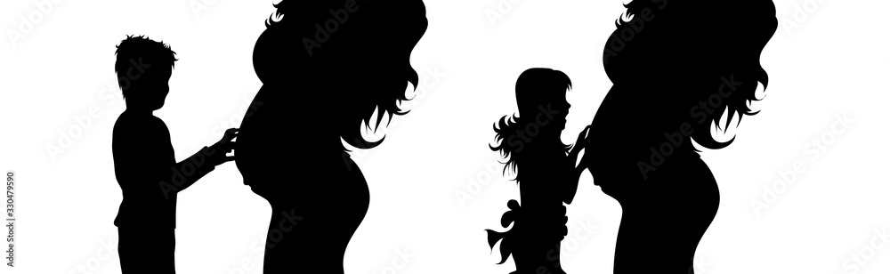 Set of vector silhouette of pregnant woman with her children on white background. Symbol of maternity and family.