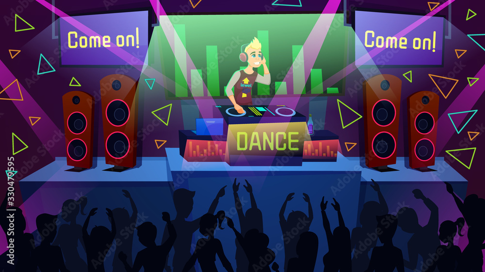 Techno Music Party in Nightclub or Music Festival Cartoon Vector Concept  with Male Club DJ at
