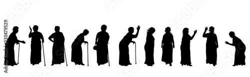 Set of vector silhouette of obese women on white background. Symbol of elderly lady in different pose.