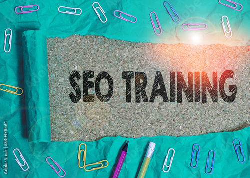 Conceptual hand writing showing Seo Training. Concept meaning learn specific knowledge improve performance in current roles photo