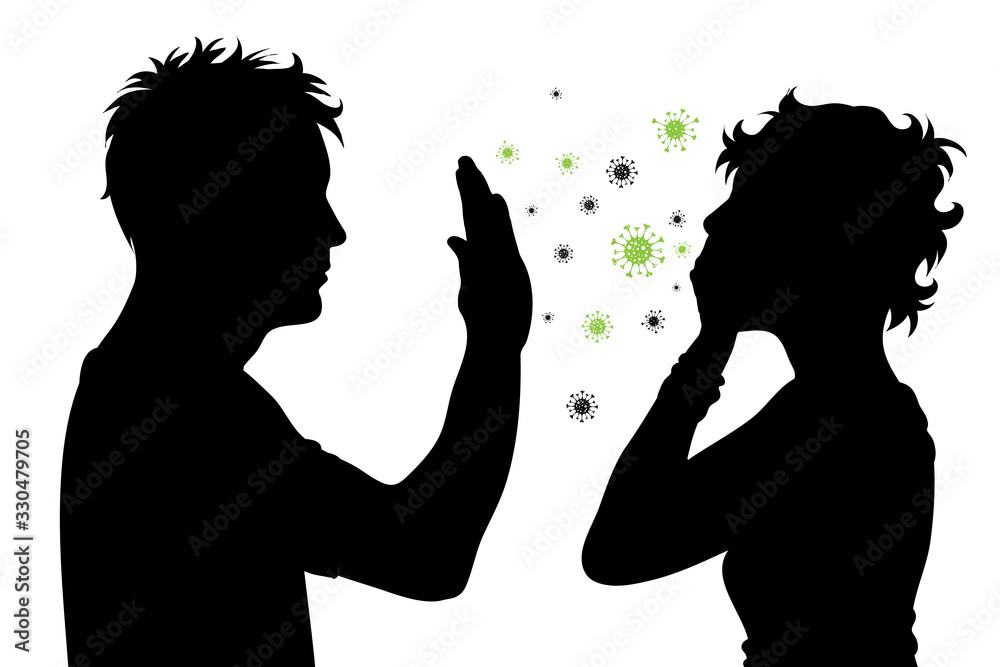 Vector silhouette of anonymous man show stop gesture the spread of the virus on white background. Symbol of healthy and sick. Danger of coronavirus. Vector silhouette of anonymous man show stop gesture the spread of the virus on white background. Symbol of healthy and sick. Danger of coronavirus.