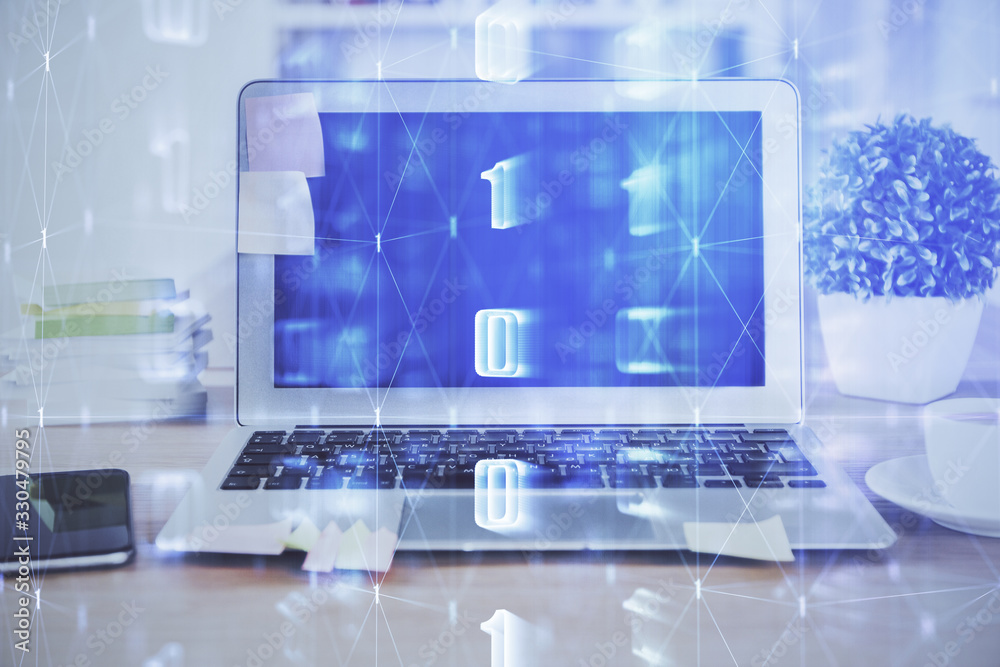 Technology theme drawing and table with computer. Double exposure. Concept of information.