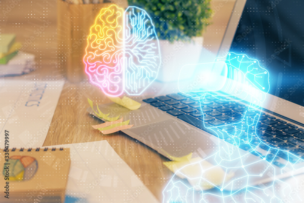 Computer on desktop with AR theme icon. Multi exposure. Concept of augmented reality. Computer on desktop with AR theme icon. Multi exposure. Concept of augmented reality.