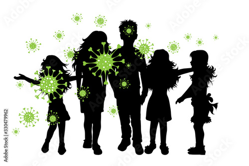 Vector silhouette of children spreading bacteria on white background. Symbol of disease and coronavirus.