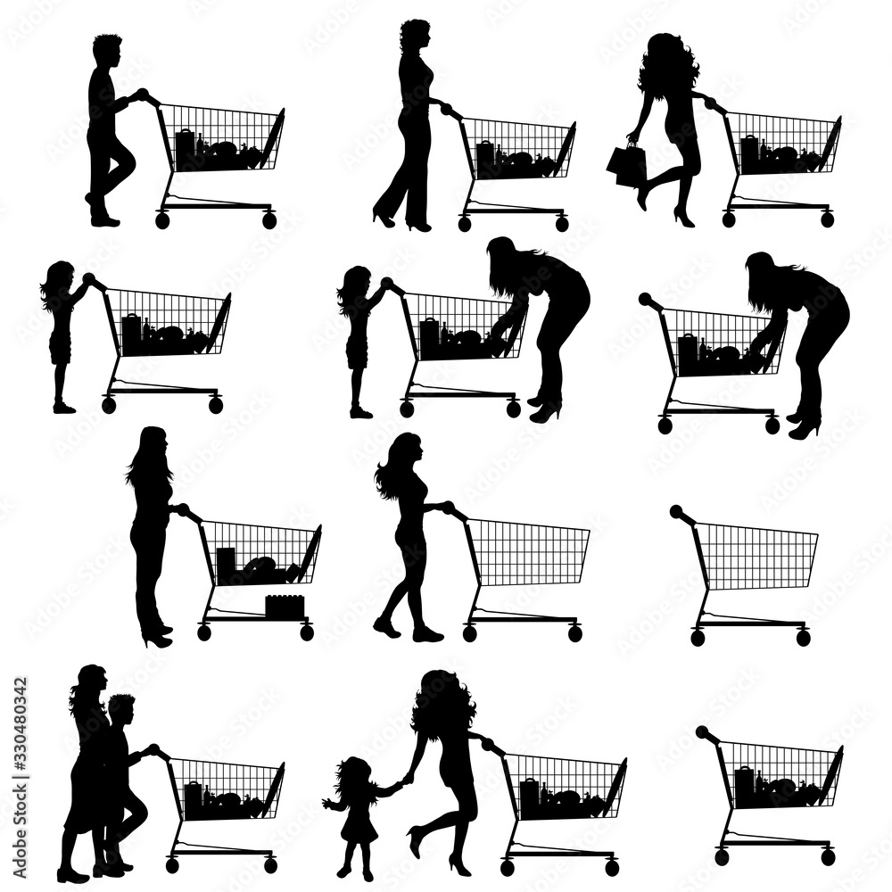 Obraz na plátně Collection of vector silhouette of different people push shopping cart on white background