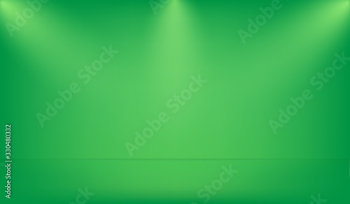 Green background studio for product shoot with three lighting
