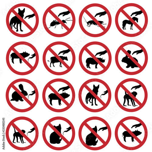 Vector silhouette collection of do not touch and feeding animals mark on white background. Symbol of prohibition.
