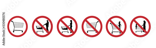 Collection of vector silhouette of do not stay children inside shopping cart and no shopping on white background. Symbol of prohibition.