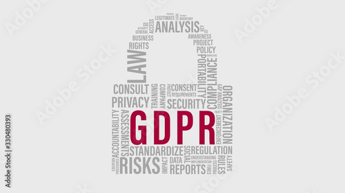 GDPR "General Data Protection Regulation" Conceptual vector of tag cloud with words related to data protection security and privacy in padlock form. Vector illustration EU law on data privacy.