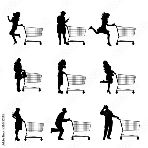 Collection of vector silhouette of different people push shopping cart on white background. Symbol of shop accessories.
