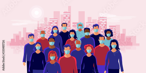 Group of people wearing protection medical face mask to protect and prevent virus, disease, flu, air pollution, contamination, corona. Many ages old man woman in the city skyline. Vector illustration.