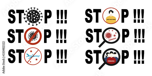 Stop Coronavirus Pandemic sign set. Stop, quarantine, seaching antivirus Covid-19 , test, 2019-nCoV Novel Coronavirus , Cancellation of flights , face mask sign