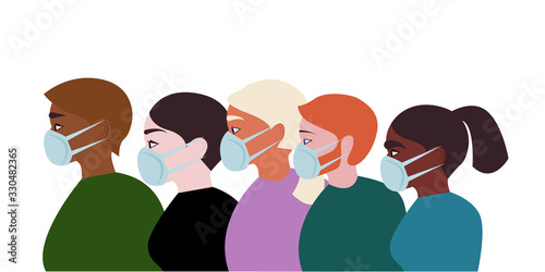 Group of people wearing medical masks to protect disease, flu, coronavirus, air pollution.