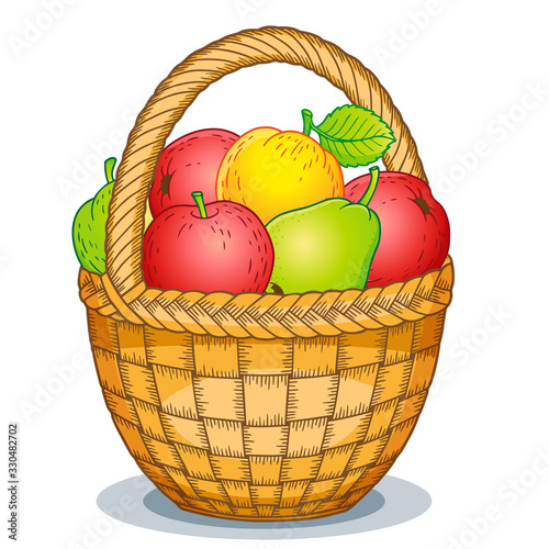 Vector cartoon style illustration. Harvest of ripe apples and pears in a basket. Thanksgiving Day.