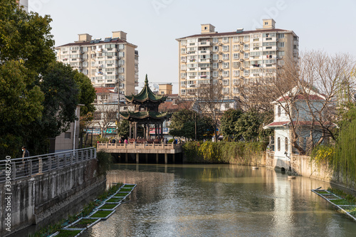 Canvas Print Historic Kuixing Pavilion by Zoumatang or Zouma Pond creek at historical old-town Jiangwanzhen, Hongkou district, Shanghai, China