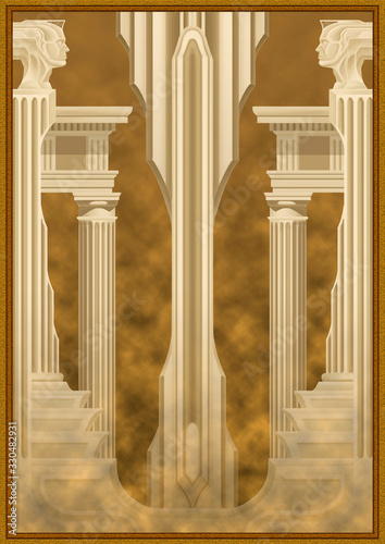 Architectural abstraction, greek columns with entablature on high steps, with heads at the top and a monument in the middle, symmetrical, in the classical style, in the smoke and frame, golden color. photo