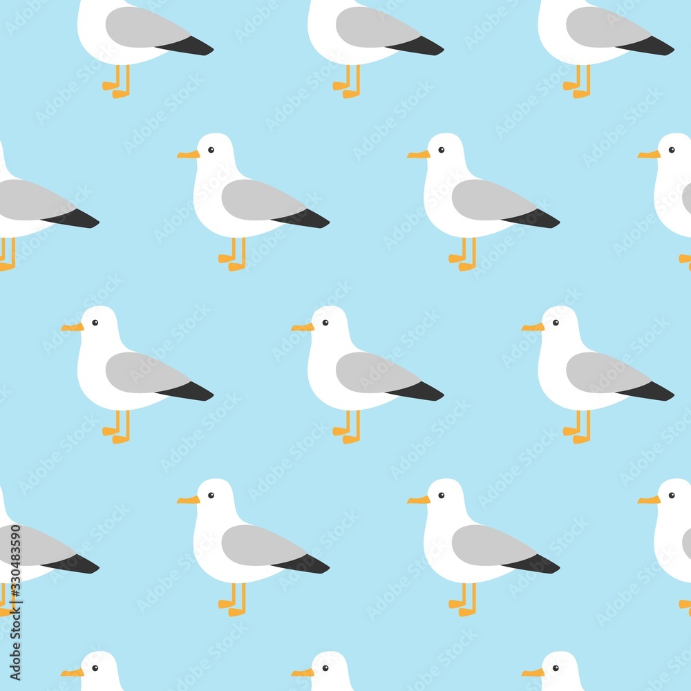 Fototapeta premium Vector beautiful pattern with seagulls. Sea Gull, a beautiful bird. Cute bird in cartoon style.