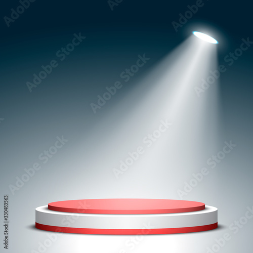 Stage for awards ceremony. Red and white round podium. Pedestal. Scene. Spotlight. Vector illustration.