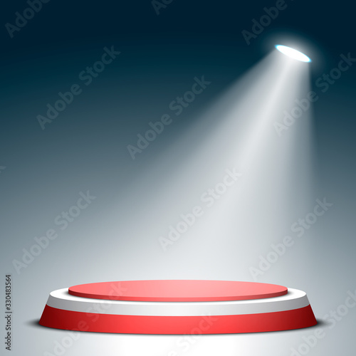 Stage for awards ceremony. Red and white round podium. Pedestal. Spotlight. Vector illustration.