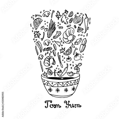 Doodle hand drawn food soup Tom Yum Goong, Thai Hot & Sour Soup ingredients, freshly made.