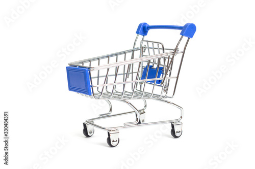 steel shopping cart with blue accents on a white background isolate © Duha