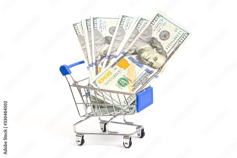 shopping cart with a hundred-dollar bundle of steel bills with blue accents on a white background isolate