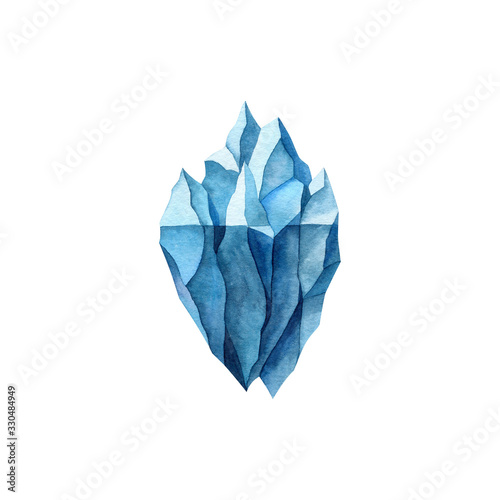Blue iceberg watercolor illustration isolated on white background. Northern sea element. hand drawn clipart for clothes, stickers, baby shower, cards, prints, fabrics.