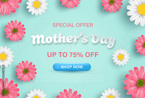 Mother's day banner sale background on pastel color with realistic flowers. © ABC Vector
