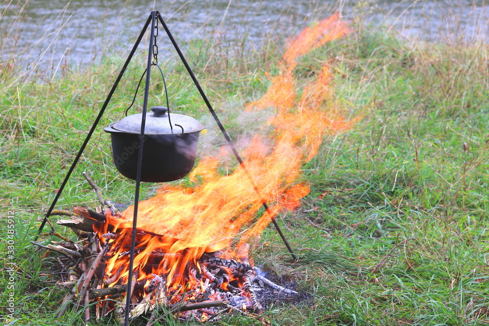 cooking delicious tasty food outdoors on fire in in summer in good weather with wood from forest cooking delicious tasty food outdoors on fire in in summer in good weather with wood from forest