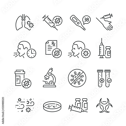 Virus related icons: thin vector icon set, black and white kit
