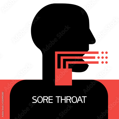  Sore throat.Icon. Illustratively-graphic poster of red, white and black color, flat, two-dimensional.