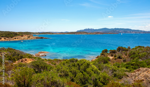 Wallpaper Mural Panoramic view of Caprera Island and Spiaggia di Cala Portese harbor at the Tyrrhenian Sea coastline with La Maddalena archipelago and the Sardinian mainland in background in Sardinia, Italy Torontodigital.ca