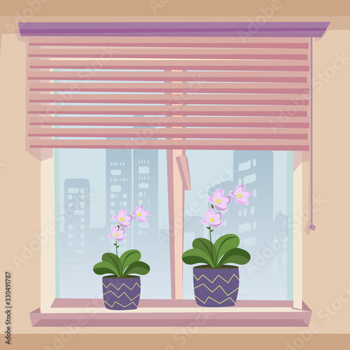 Windowsill Decoration. Flowerpots Blooming Pink Flower Indoor. Window Jalousie Louversin Room with Beige Walls Vector Illustration. City Town Cityscape View. Home Decor. Interior Design