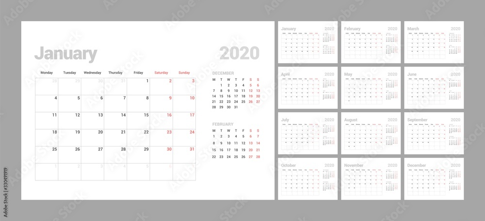 Wall calendar template for 2021 year. Planner diary in a minimalist style. Week Starts on Monday. Set of 12 Months. Ready for print. Wall calendar template for 2021 year. Planner diary in a minimalist style. Week Starts on Monday. Set of 12 Months. Ready for print.